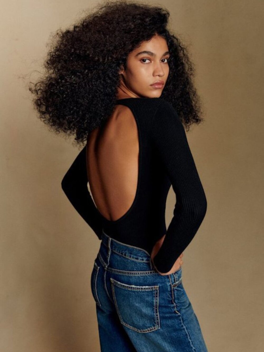 New Sezane Ashley Cotton Wool Open Back Bodysuit Black XS